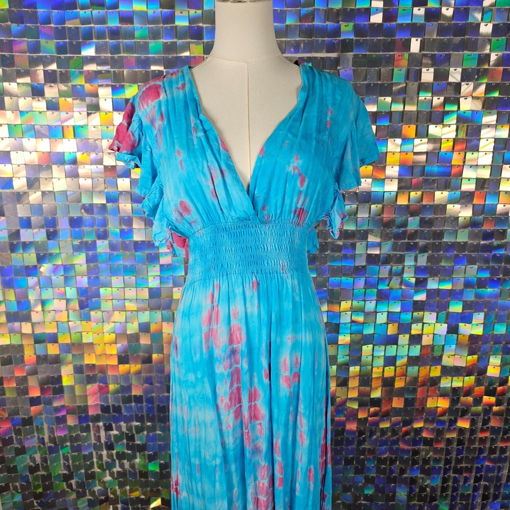 Tiere Hawaii Tie Dye Maxi Dress Womans M/L Blue Pink Excellent Boho Open Back